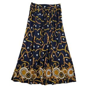 August Silk 100% Silk Heritage Print Midi Skirt Navy Gold Whimsical Pattern S